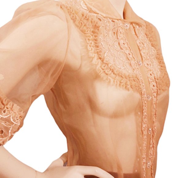 1950s Vintage Sheer Nylon Peach Orange Blouse With Ruffled Sleeves And Front - Picture 4 of 11